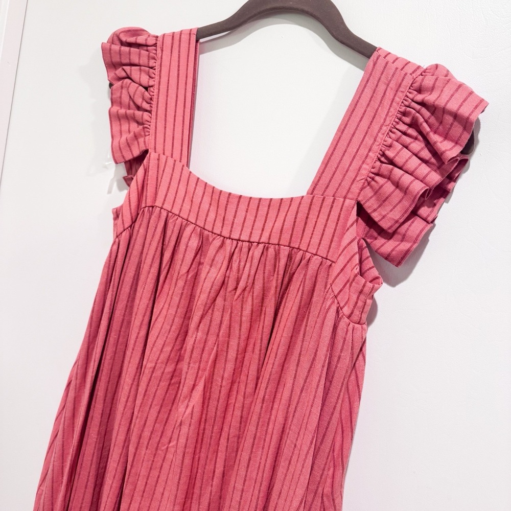 A New Day Linen Dress XS Red Orange Stripe Maxi Flutter Sleeve Bump Friendly - Picture 3 of 9